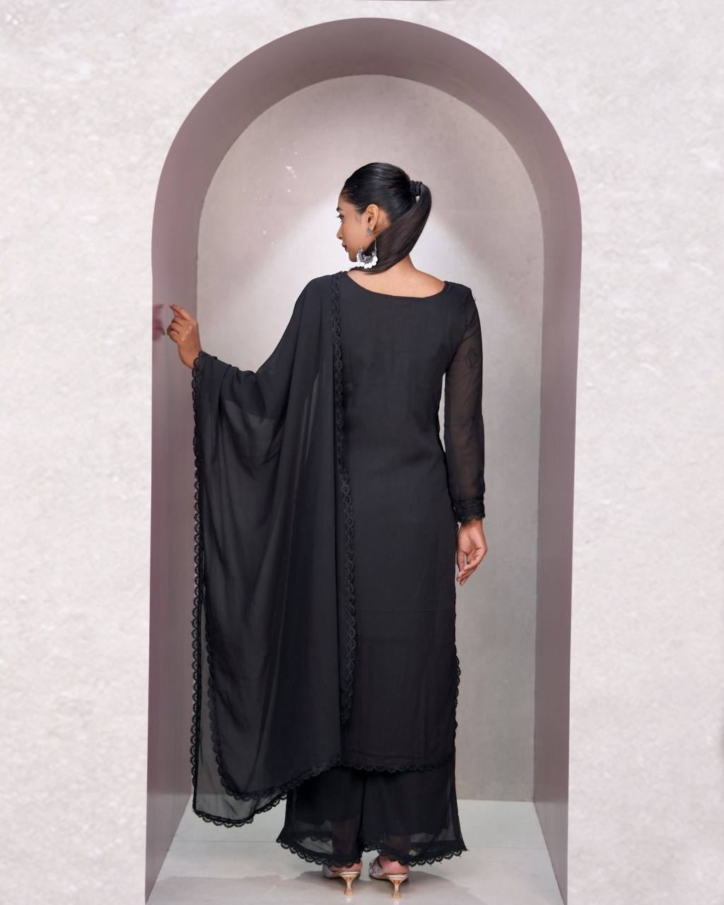 Black Faux Georgette Thread Embroidered Kurti Set with Pant & Dupatta for Women