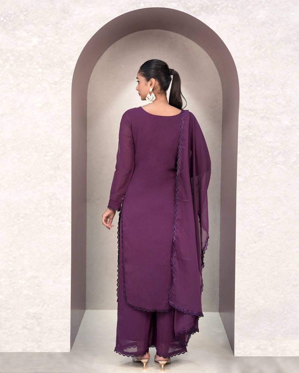 Purple Faux Georgette Thread Embroidered Kurti Set with Pant & Dupatta for Women
