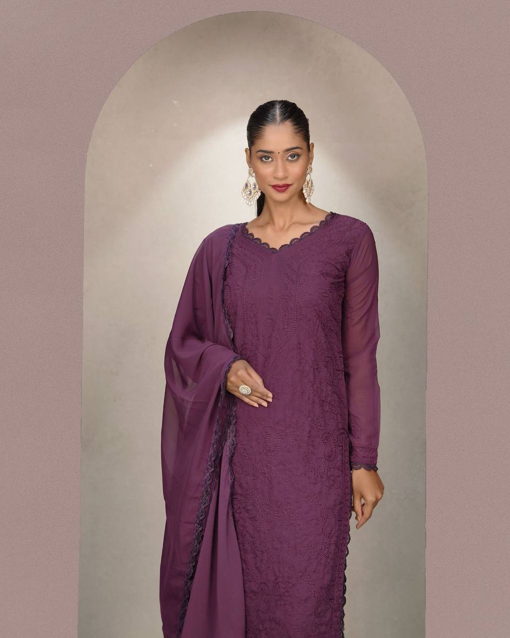 Purple Faux Georgette Thread Embroidered Kurti Set with Pant & Dupatta for Women
