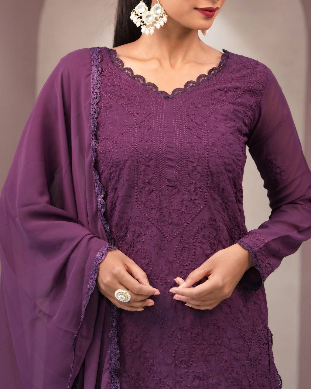 Purple Faux Georgette Thread Embroidered Kurti Set with Pant & Dupatta for Women