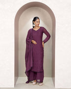 Purple Faux Georgette Thread Embroidered Kurti Set with Pant & Dupatta for Women
