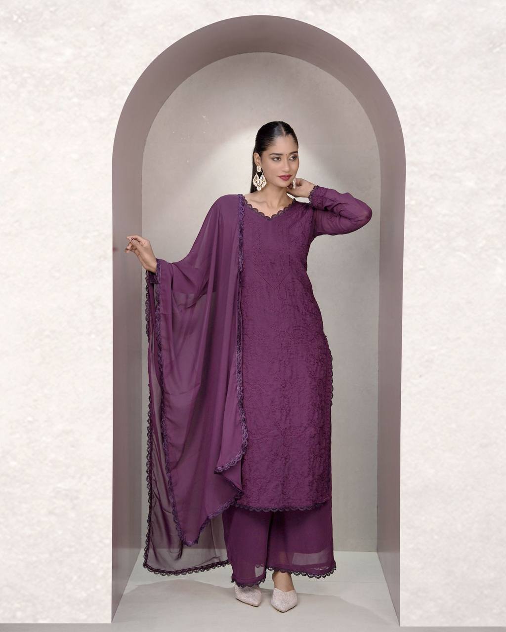 Purple Faux Georgette Thread Embroidered Kurti Set with Pant & Dupatta for Women
