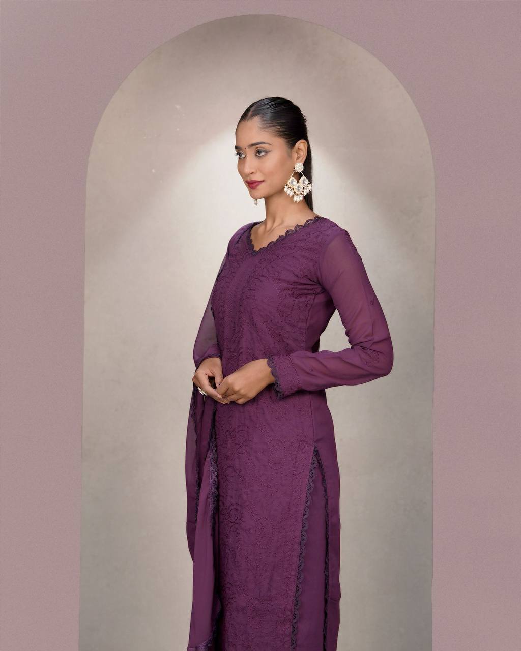 Purple Faux Georgette Thread Embroidered Kurti Set with Pant & Dupatta for Women