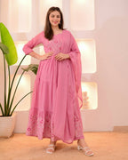 Pink Chanderi Embroidered Kurti Set with Pant & Dupatta for Women