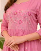 Pink Chanderi Embroidered Kurti Set with Pant & Dupatta for Women