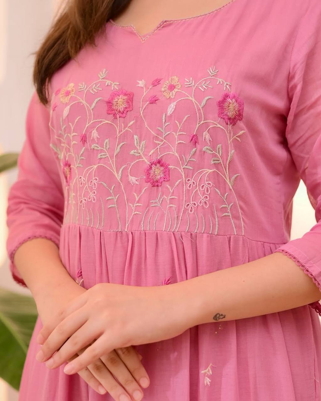 Pink Chanderi Embroidered Kurti Set with Pant & Dupatta for Women