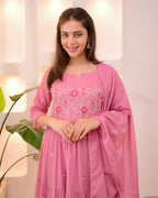 Pink Chanderi Embroidered Kurti Set with Pant & Dupatta for Women