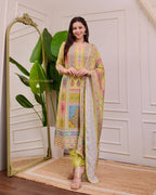 Yellow Satin Printed Kurti Set with Pant & Dupatta for Women
