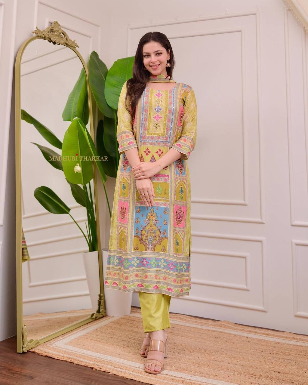 Yellow Satin Printed Kurti Set with Pant & Dupatta for Women
