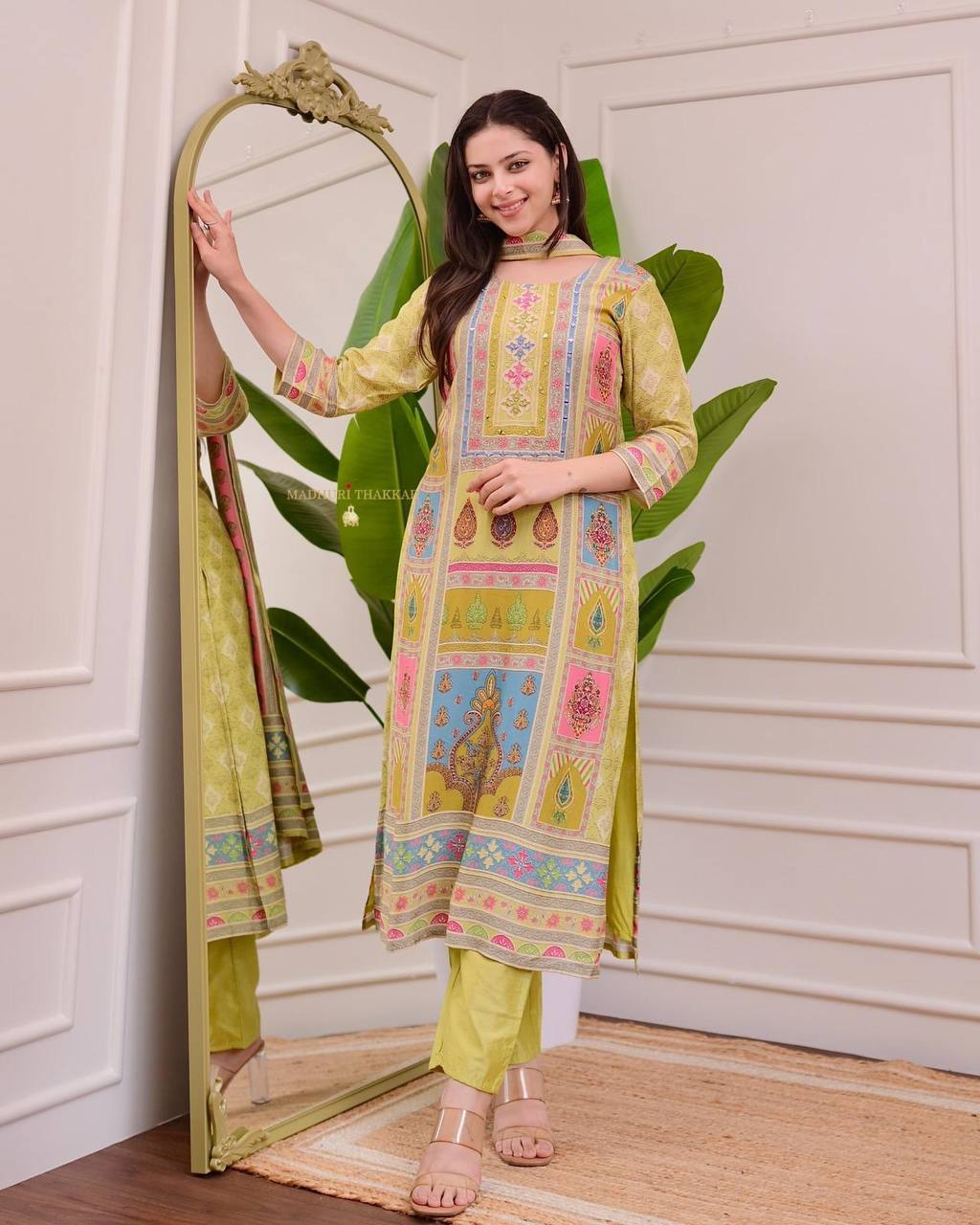 Yellow Satin Printed Kurti Set with Pant & Dupatta for Women