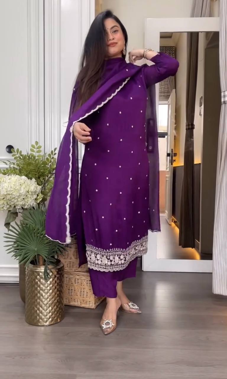 Purple Chinon Embroidered Kurti Set with Pant & Dupatta for Women
