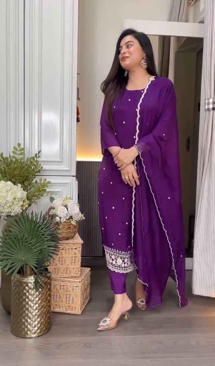 Purple Chinon Embroidered Kurti Set with Pant & Dupatta for Women