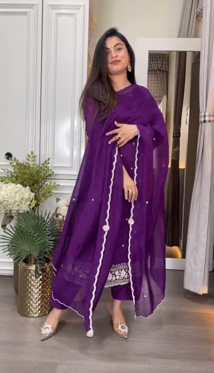 Purple Chinon Embroidered Kurti Set with Pant & Dupatta for Women